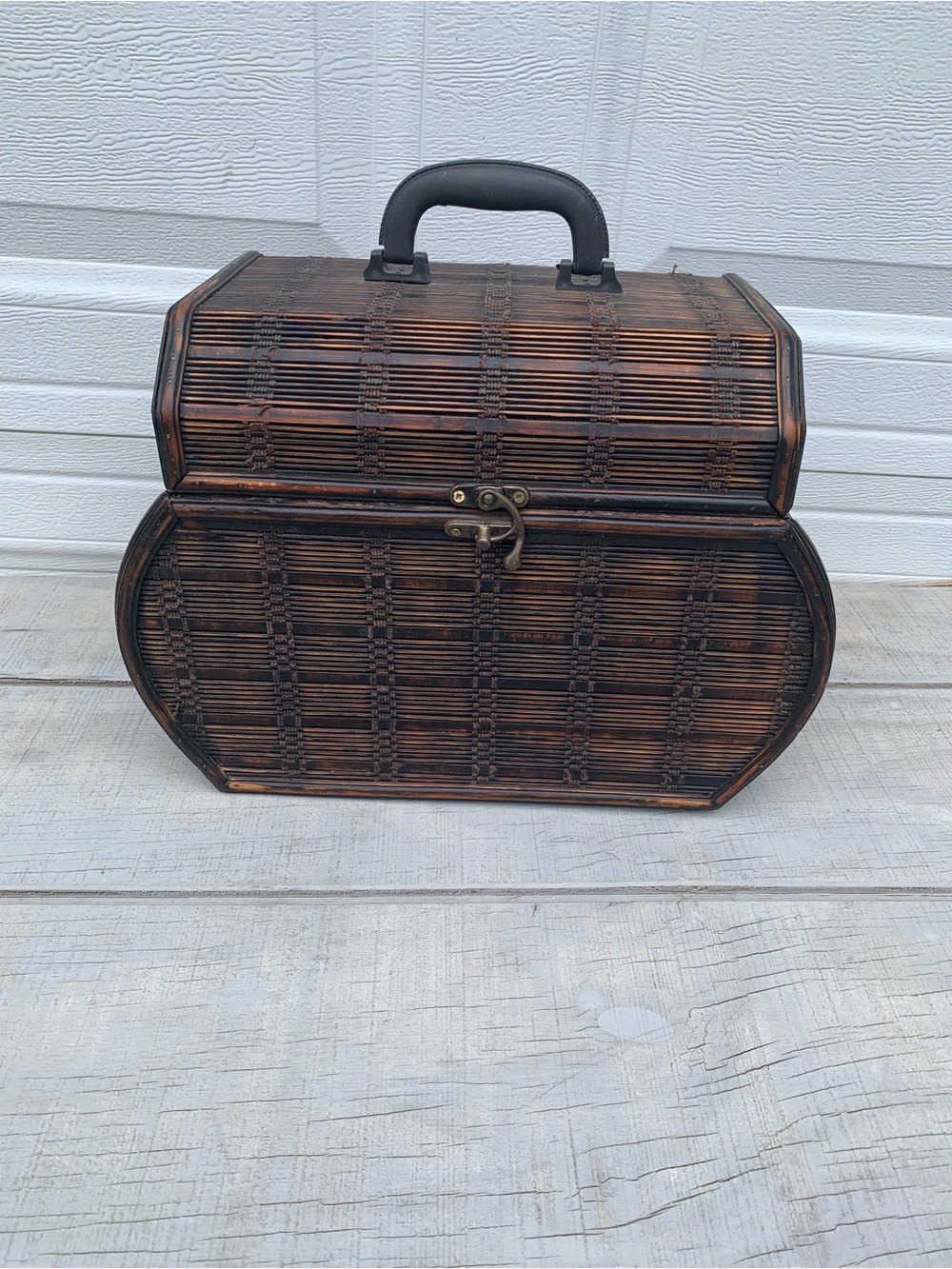 Vintage Rattan Treasure Chest Storage Trunk Wood Frame Wicker Box Rustic Basket
